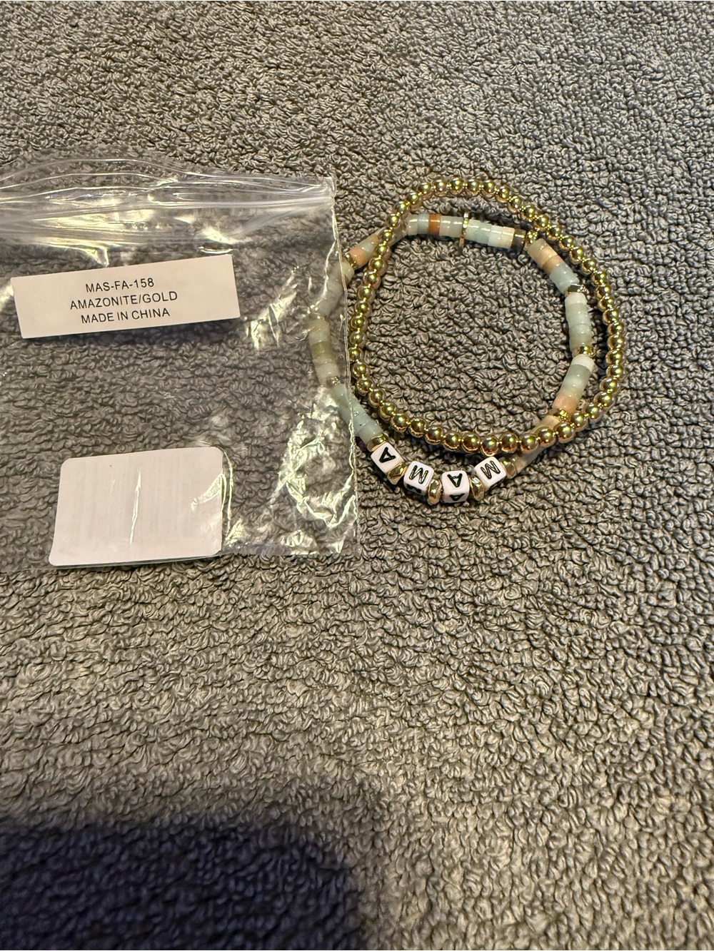 Source Unknown Amazonite and Gold Bead Stretch Bracelet Set with Letter Beads